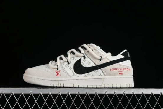 Nike SB Dunk Low LV Collaboration Anniversary Customized Sneakers in Off-White Black Swoosh Triple Floral - SJ2068-235