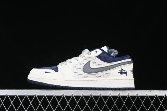 Nike Air Jordan 1 Low Stussy Collaboration - Grey Swoosh Retro Basketball Shoes - XS6086-001