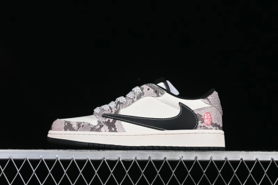 Nike Travis Scott x Fragment Design x Air Jordan 1 Low OG SP AJ1 Snake Year Limited Grey White Snake Scale Low-top Casual Sneakers - XX3318-518