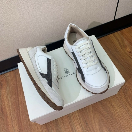 2025 Unisex Brunello Cucinelli White Grey Leather Suede Sneakers LY