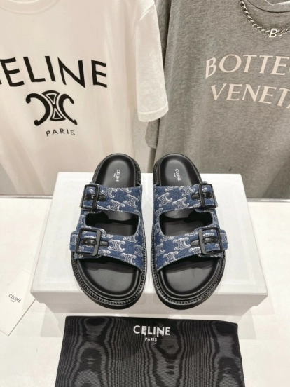 2025/Unisex CELINE Blue Denim Buckled Slide Sandals Stylish Comfort KFY00280