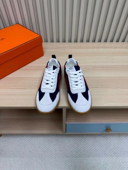 2025 Unisex Hermès White Navy Red Suede Down Fabric Sneakers Top Version LY00310