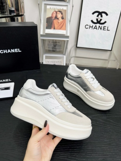 2025 Women Chanel White Silver Leather Suede Sneakers