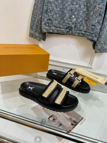 2025 Slippers Louis Vuitton Black Beige Leather Mesh Slippers LY