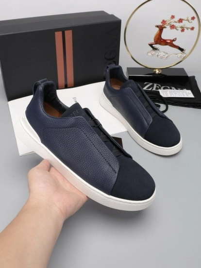 2024 Men Ermenegildo Zegna Navy Blue Leather Suede Low Top Sneakers MJ00240