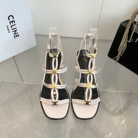 2025 Women CELINE White Leather Sandals Metal Detail KFY00300
