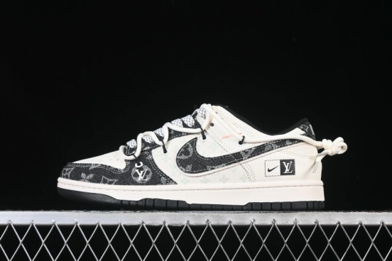 Nike SB Dunk Low LV Collaboration Black Floral Drawstring Anniversary High-End Custom Low-Top Casual Skate Shoes - YX5066-385