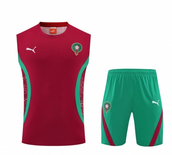 26/27 Morocco Red Sleeveless Training Vest +Green Shorts Set